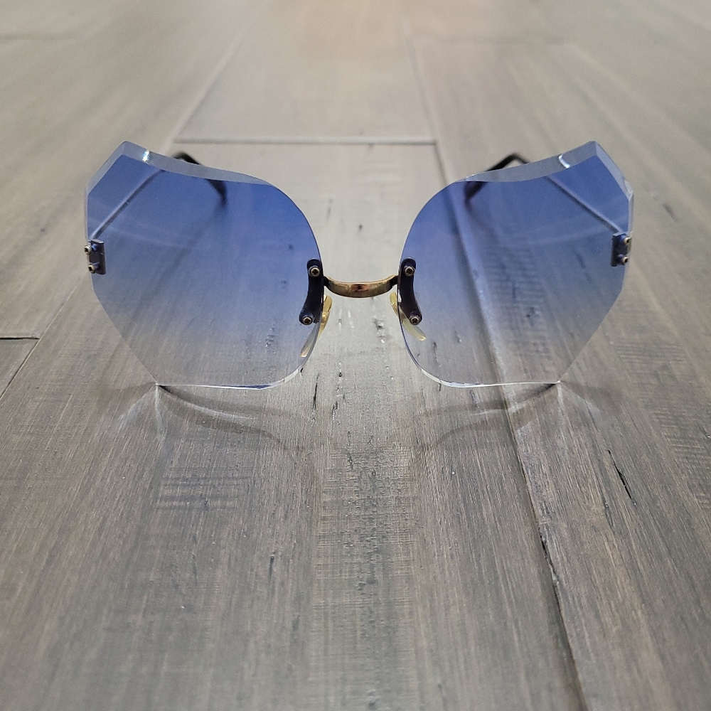 Vintage Taiwan Roc Rimless Faceted Sunglasses Blue Gradient Lenses